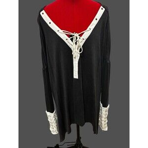 Free People BOHO Grunge Tunic Top Womens Large Black Lace Up Oversized Casual